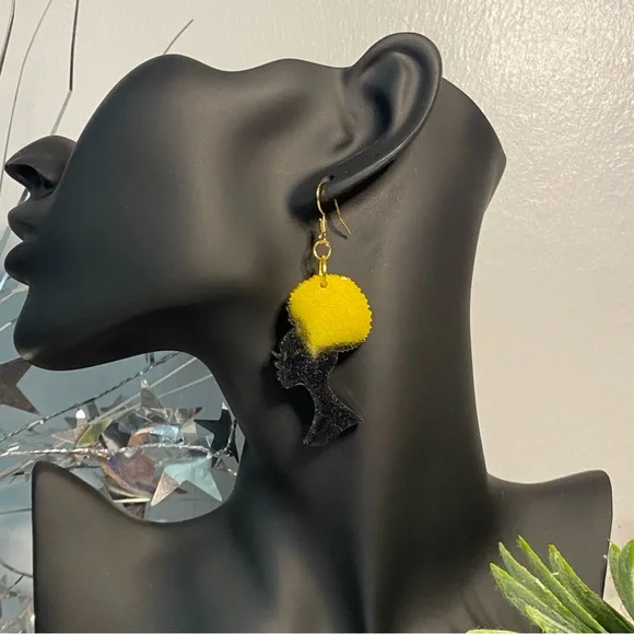 SJB handmade yellow black Afro woman resin earrings gold fish hook rubber  back